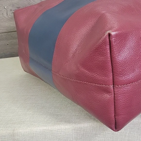 Large J.Crew Burgundy Striped Leather Tote Bag - Picture 7 of 14